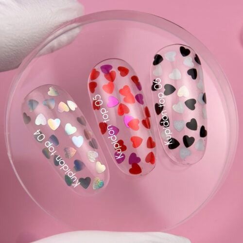NAILSOFTHEDAY Kupidon top 04 &mdash; нежное финишное покрытие для ногтей с голографическими сердечками, без липкого слоя, 10 мл 01282 фото