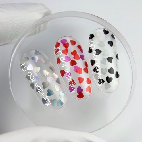 NAILSOFTHEDAY Kupidon top 04 &mdash; нежное финишное покрытие для ногтей с голографическими сердечками, без липкого слоя, 10 мл 01282 фото
